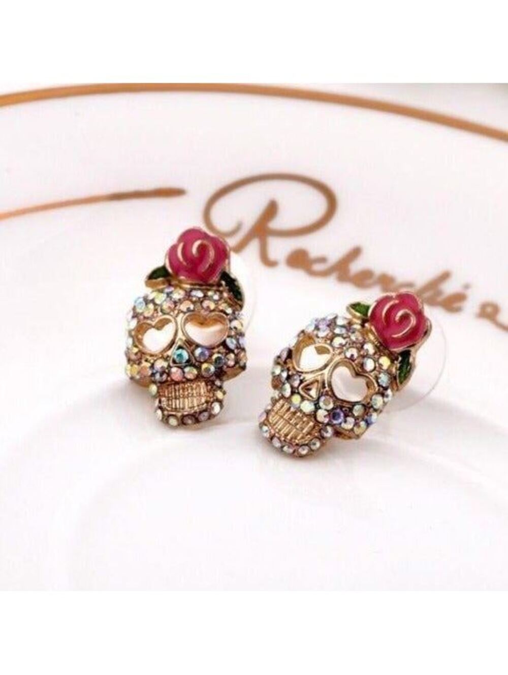 Day of the Dead Dia de Los Muertos Sugar Skull Crystal and Enamel Stud Earrings